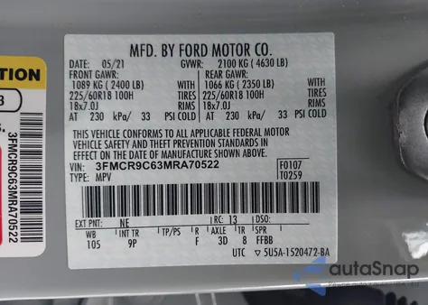 2021 Ford Bronco Sport Outer Banks from USA, damaged, VIN 3FMCR9C63MRA70522